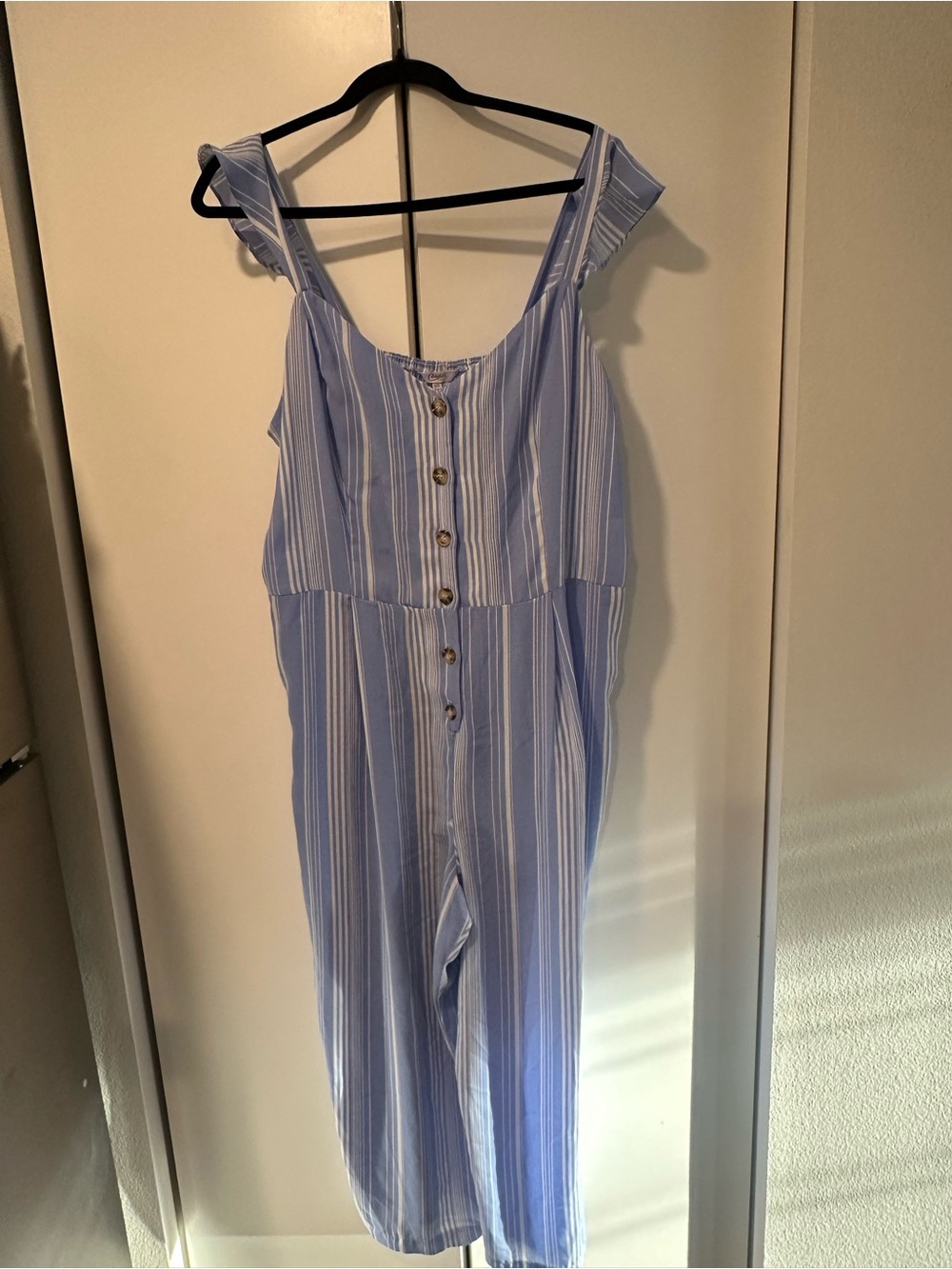 Candies Jumpsuit Button Front Blue Striped Pants One Piece Stretch Sz XXL Crop